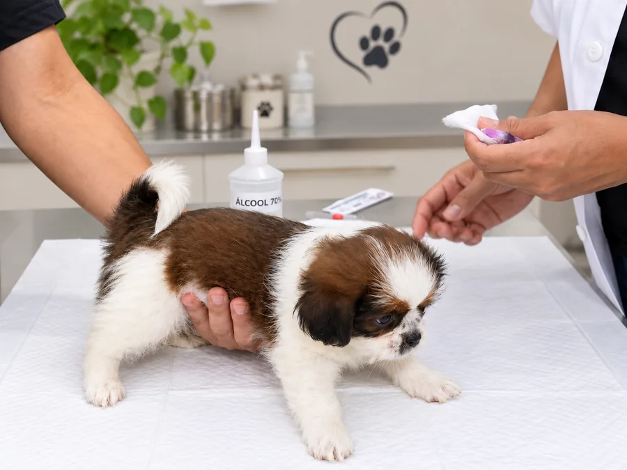 Filhote durante atendimento veterinário, em fotografia fornecida pela veterinária.